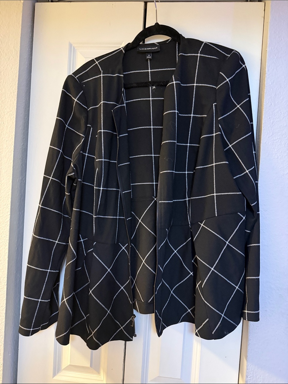 Lane Bryant  Windowpane Open Blazer with White Grid Peplum style